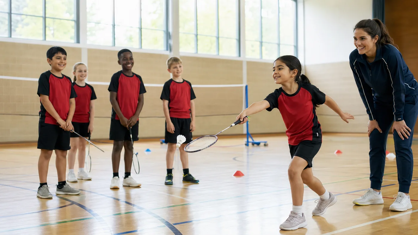Children learning badminton indoors